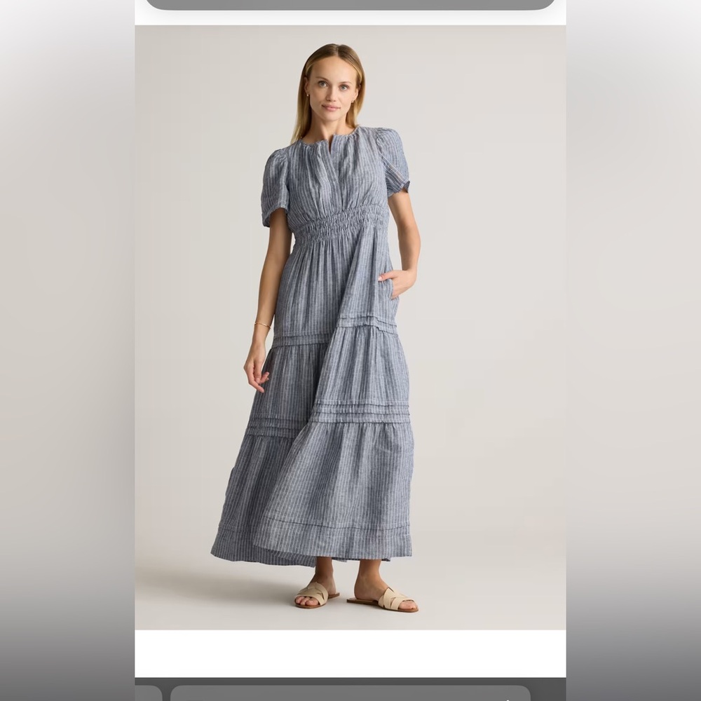 NWT Quince 100% European linen tiered maxi dress. Size small. Navy pinstripe.